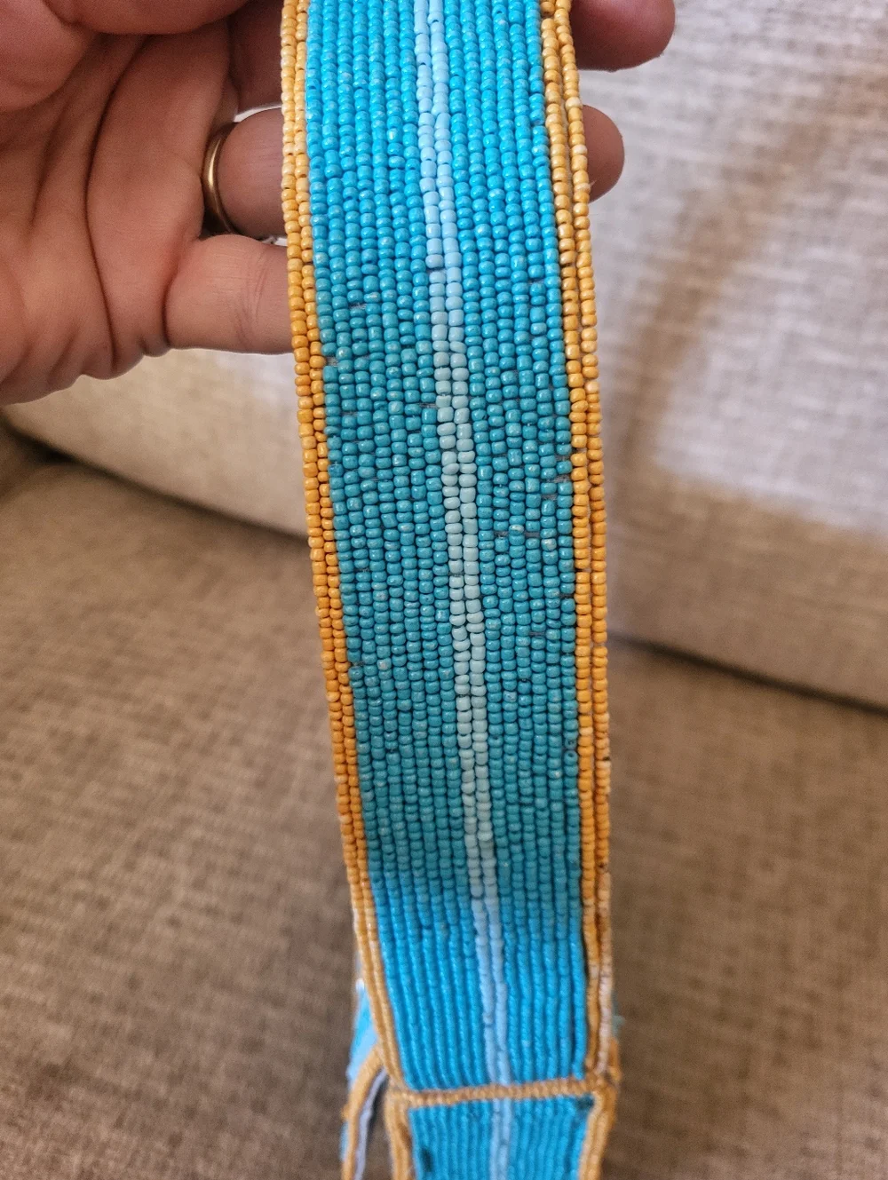 Handcrafted Beaded Blue & Gold Striped Lemon Motif Shoulder Bag. - Picture 11 of 16